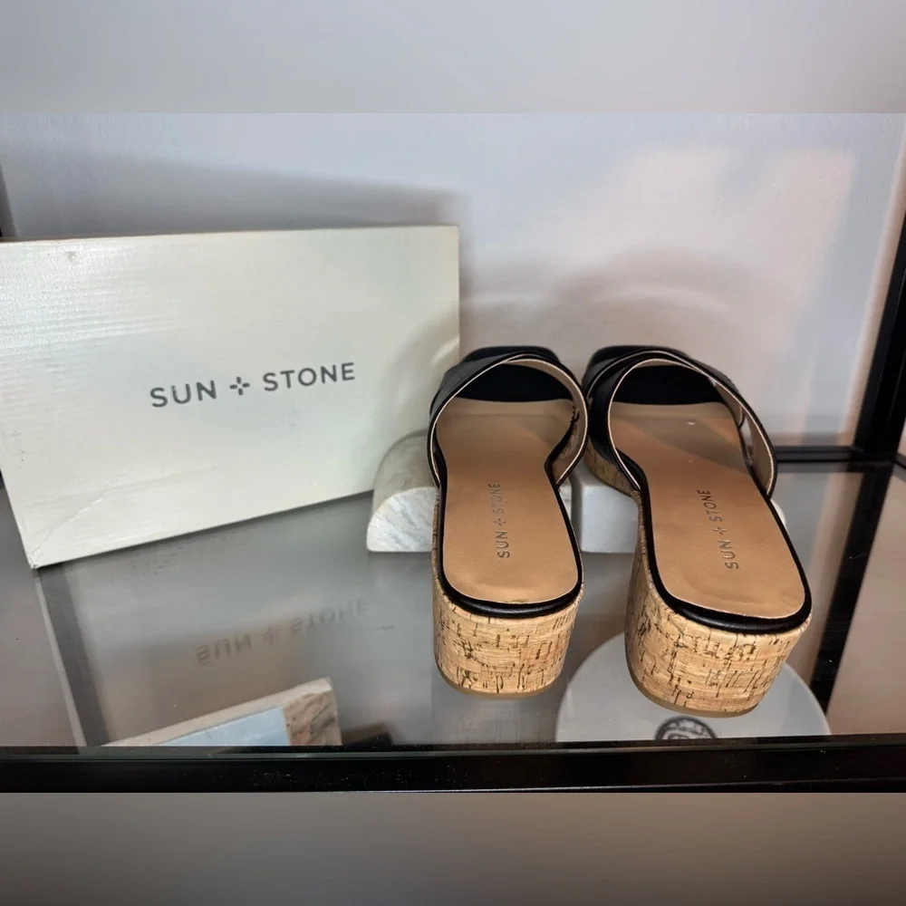 NIB Sun + Stone Womens Giigi Faux Leather Slide Block Heels Black Size 7.5